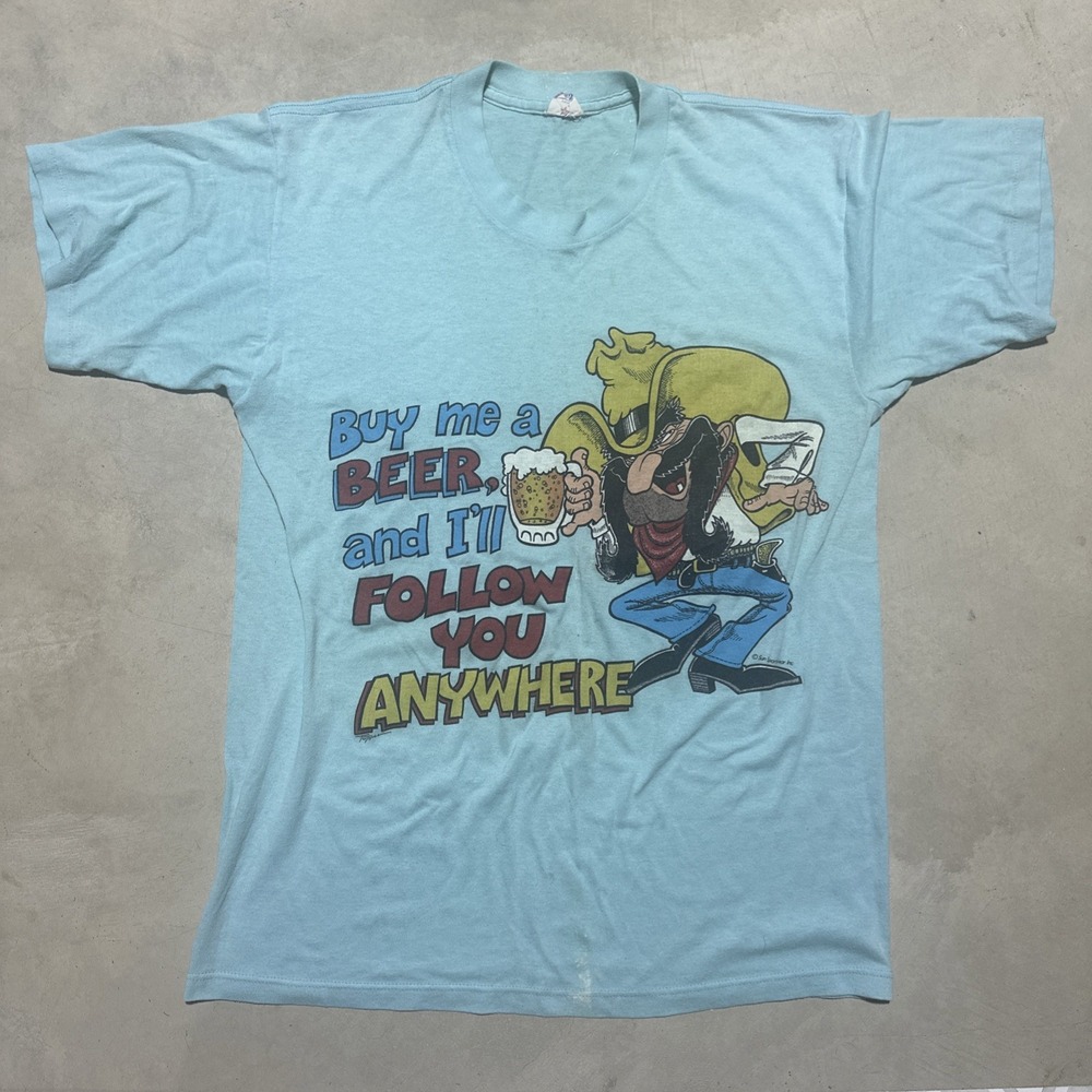 Vintage 1980's Buy Me A Beer Follow You Anywhere  Cartoon Graphic Tee Size Large